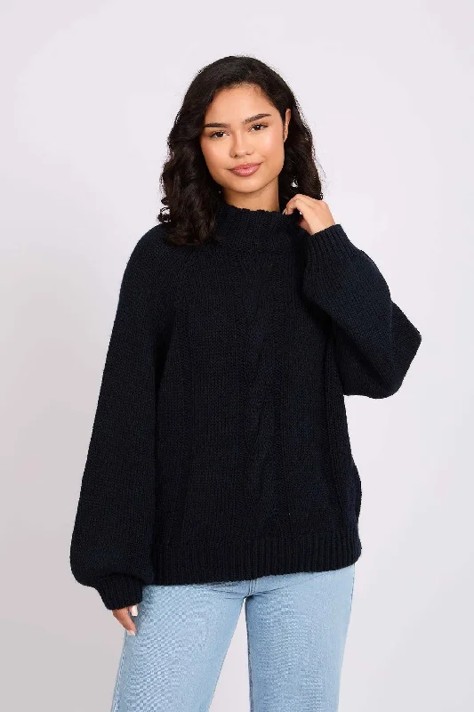 Women Pullover Loose Cable  Dark Navy Women's Elegant Garments