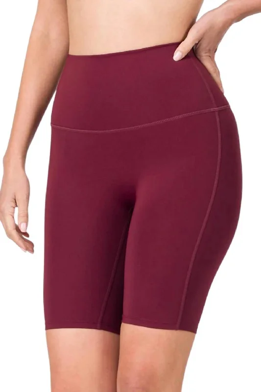 Athletic High Waist Biker Shorts In Burgundy Outlet Clothing