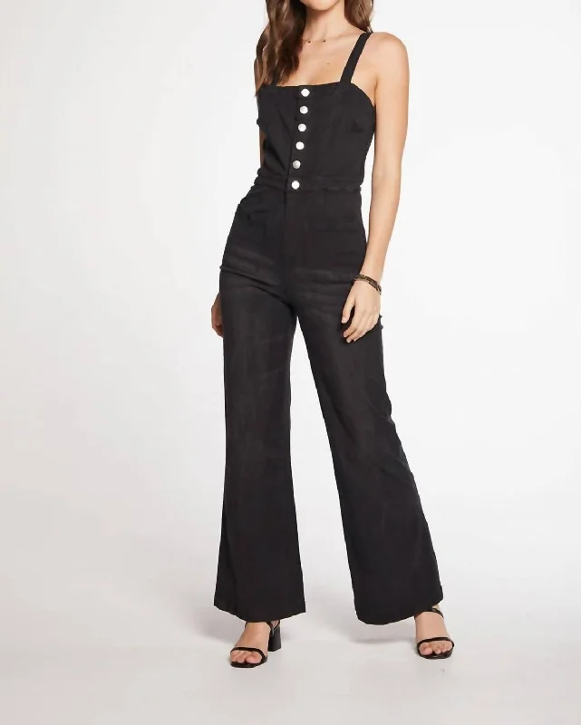 Stretch Twill Square Neck Button Down Wide Leg Jumpsuit Size In Washed Black Women Clothing