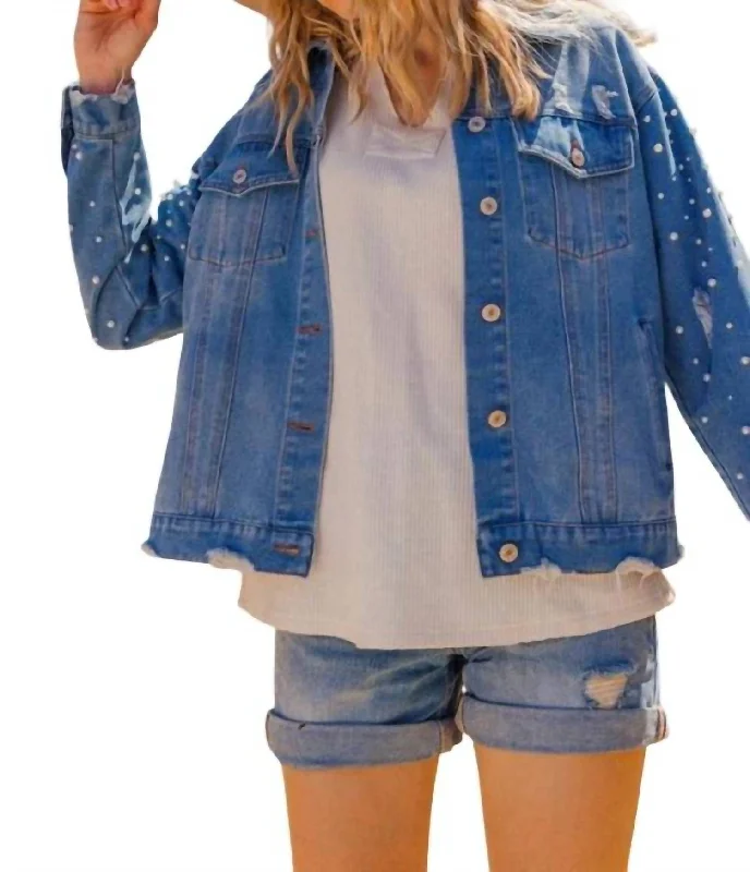 Pearl Denim Jacket In Blue Stylish Women's Outfit