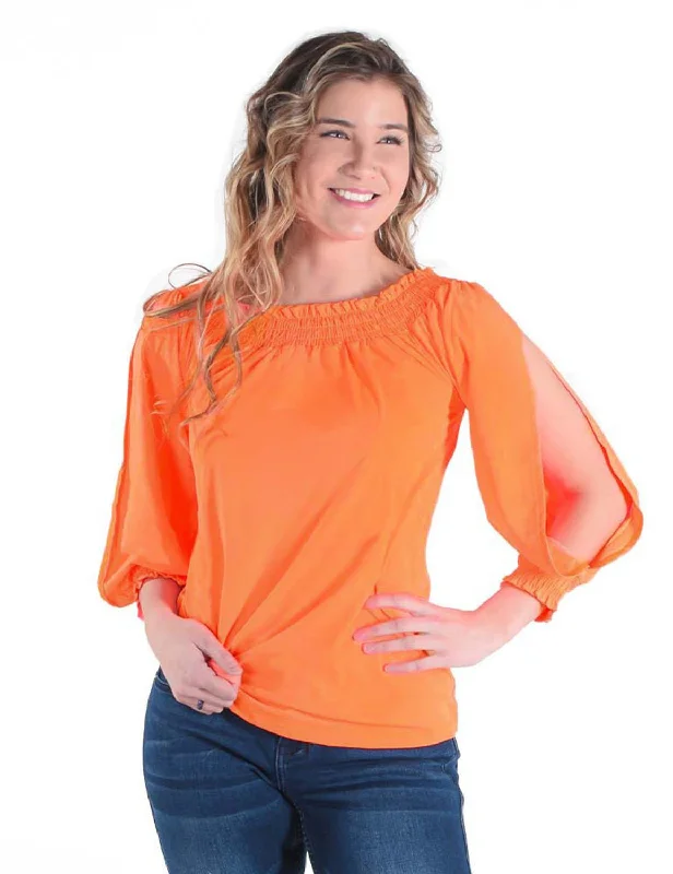 Cowgirl Tuff Womens Cooling UPF Off Shoulder Tangerine Nylon L/S Blouse Women's High-Fashion Outfit