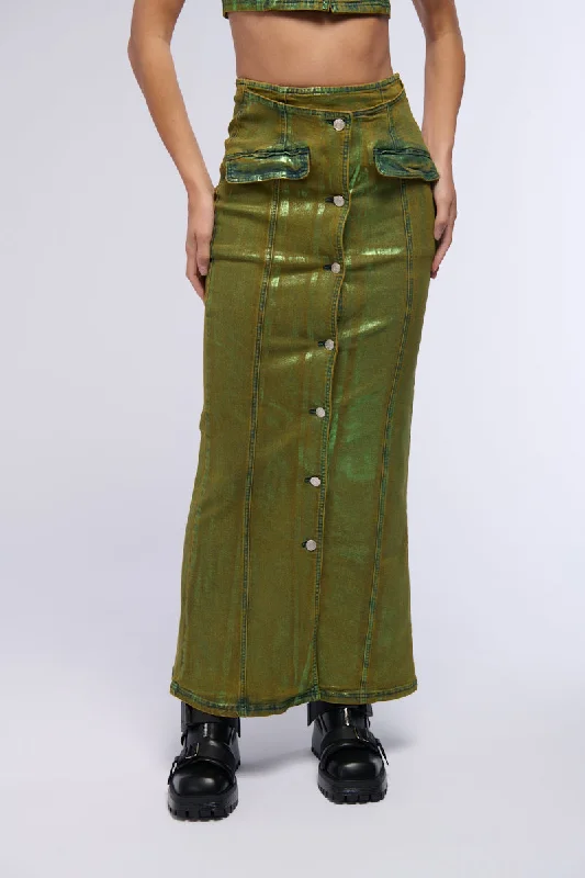 SHES GLOWING METALLIC DENIM MAXI SKIRT Best Online Boutiques