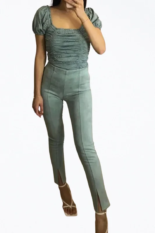 High-Rise Vegan Suede Split-Hem Pants In Mint Green Women's Transitional Garments