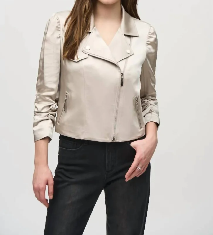 Satin Moto Jacket In Moonstone Women's Trendy Casual Clothes