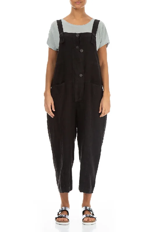 Strappy Black Linen Dungaree Jumpsuit Holiday Discount