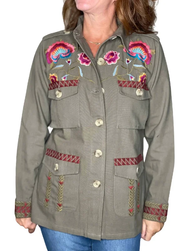 Embroidered Shirt Jacket In Khaki Timeless Women's Outfit