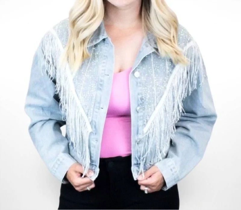 Sparkle Denim Jacket In Blue Women's Stylish Vacation Attire