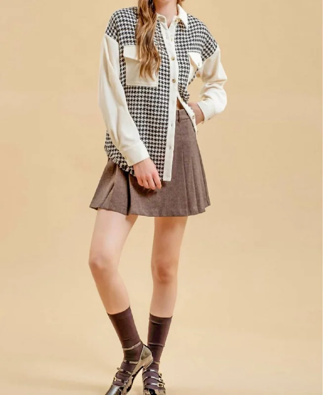 Colorblock Houndstooth Shacket In Black/cream Stylish Outerwear Clothes For Women