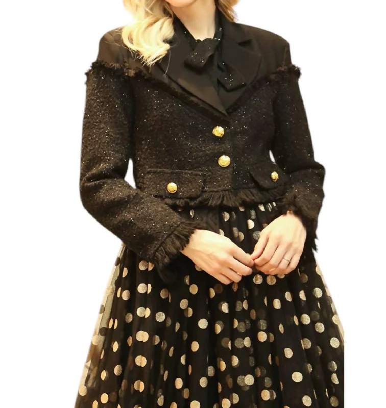 Metallic Tweed & Solid Fabric Cropped Jacket In Black Women's Vacation Clothes