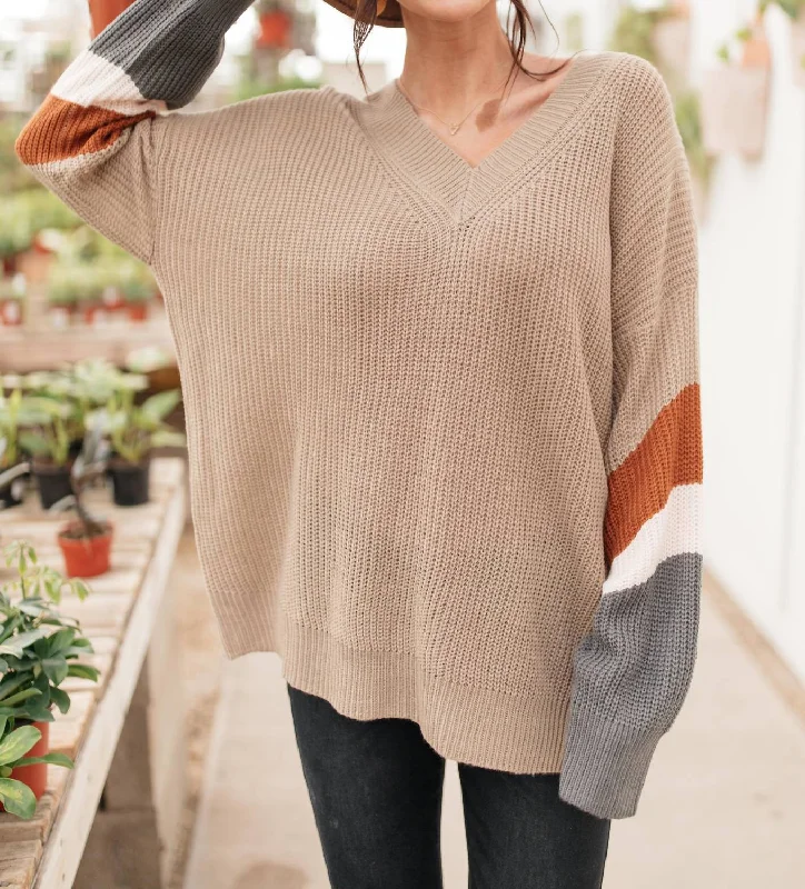 The Edge Of Your Sleeve Sweater In Taupe Fashionable Women's Clothing