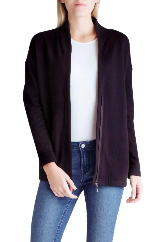 Zipper Front Fleece Jacket In Black Women's Trendy Clothes