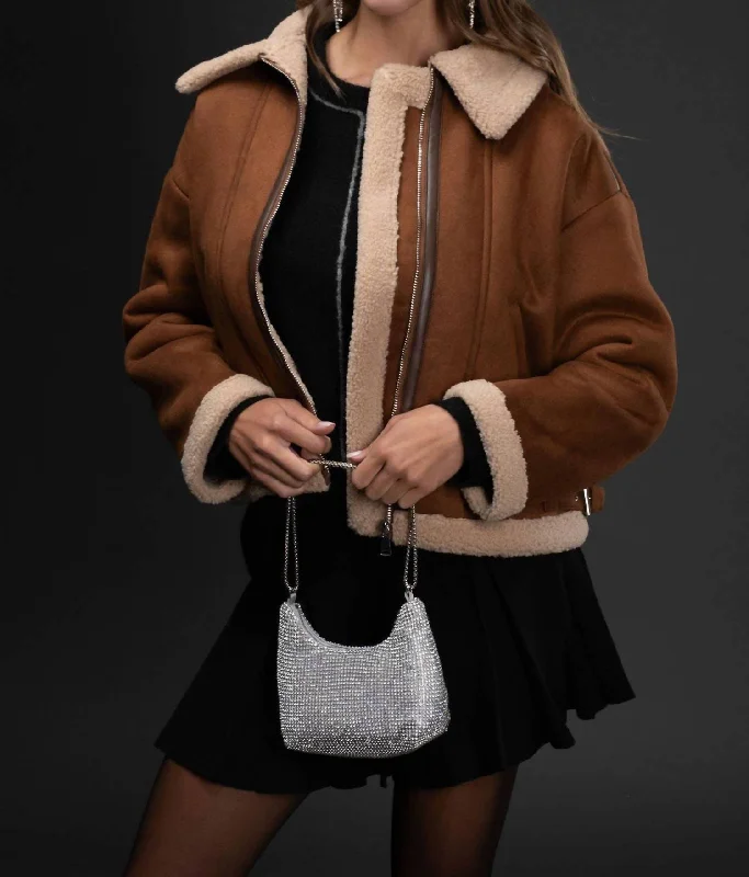 Contrast Faux Shearling Jacket In Brown Women's Fashion-Forward Apparel