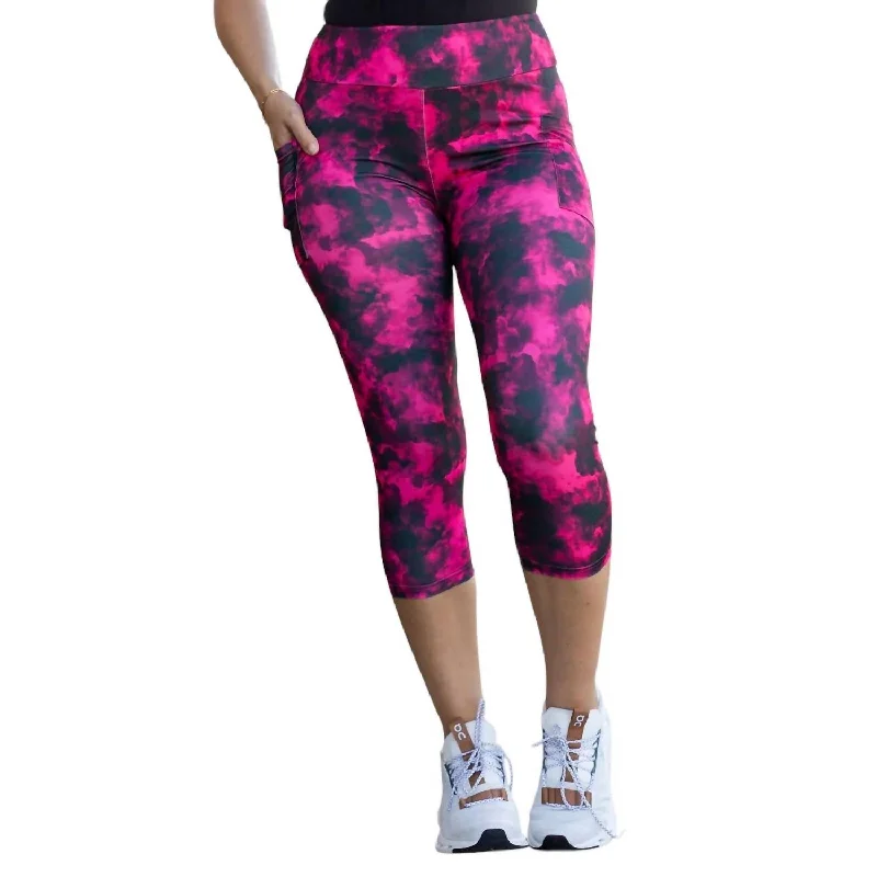 Capri Leggings With Pockets In Pink And Black Tie Dye Timeless Women's Fashion Styles