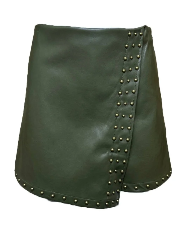 Women's Studded Stretch Faux Leather Wrap Skort In Olive Women's Formal Event Attire