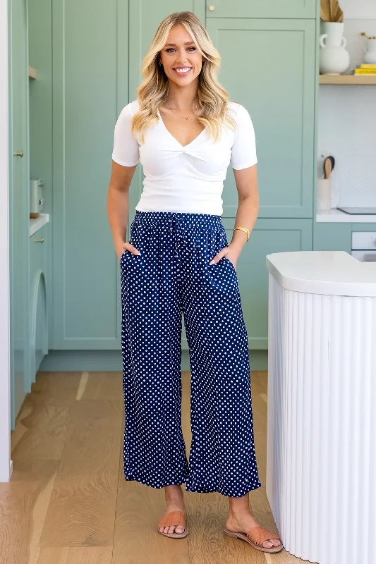 Sammy Crop Pants Navy White Mini Spot Women's Trendy Outfit