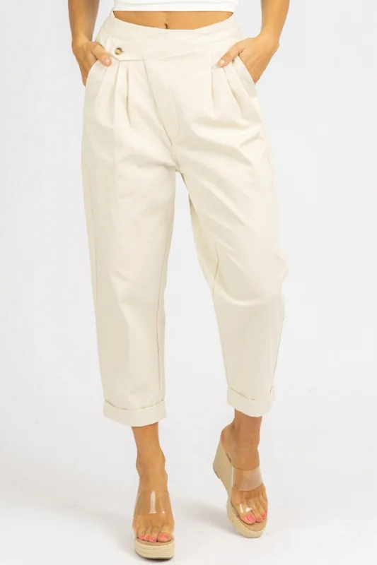 Woven Asymmetrical Button Pants In Cream Casual Chic Women's Clothes