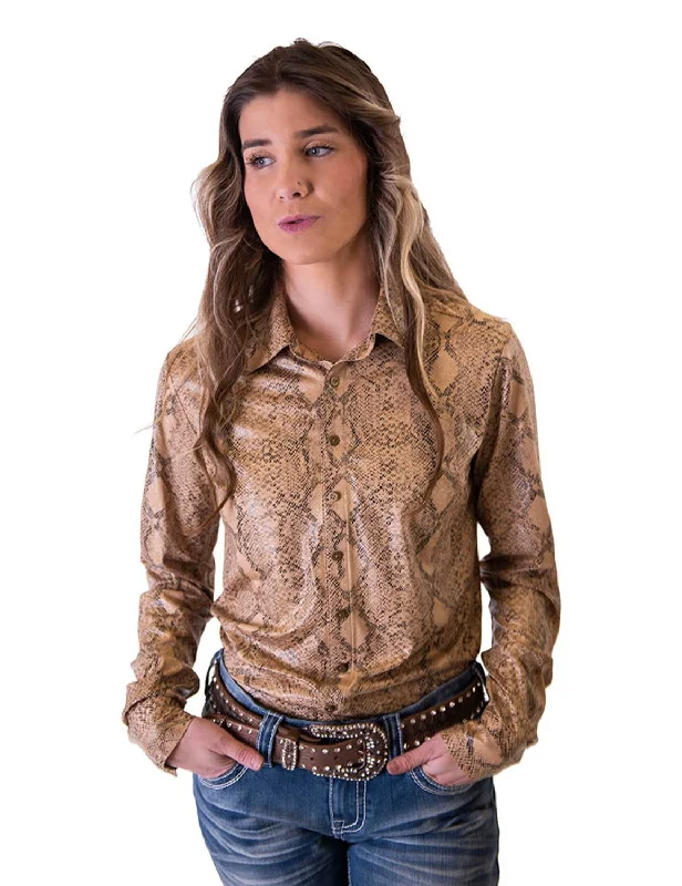 Cowgirl Tuff Womens Snakeskin Pullover Tan Polyester L/S Shirt Women's Vintage-Inspired Outfit