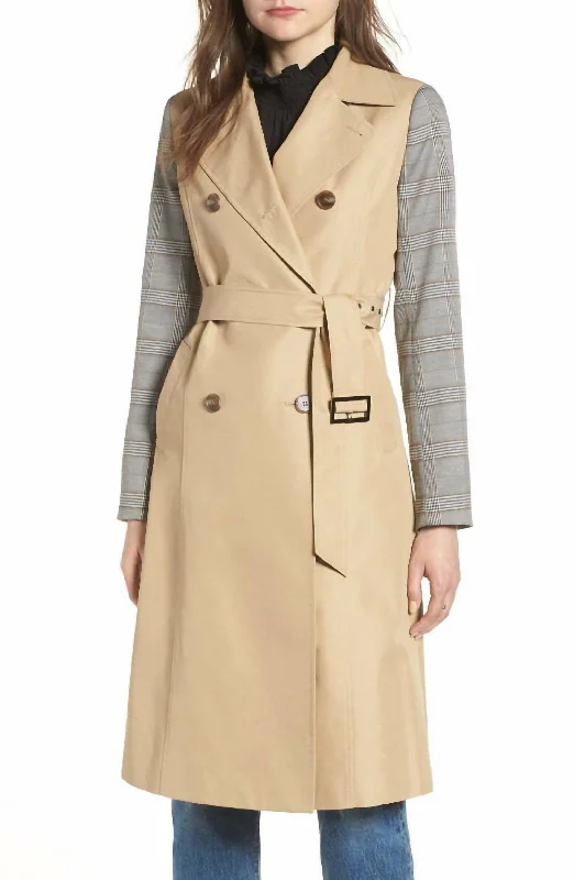 Plaid Sleeve Double Breasted Trench Jacket In Khaki Women's Functional Outfit For Outdoor Activities