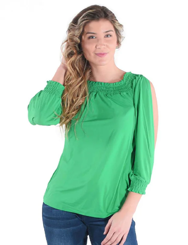 Cowgirl Tuff Womens Cooling UPF Off Shoulder Money Green Nylon L/S Blouse Women's Romantic Outfit