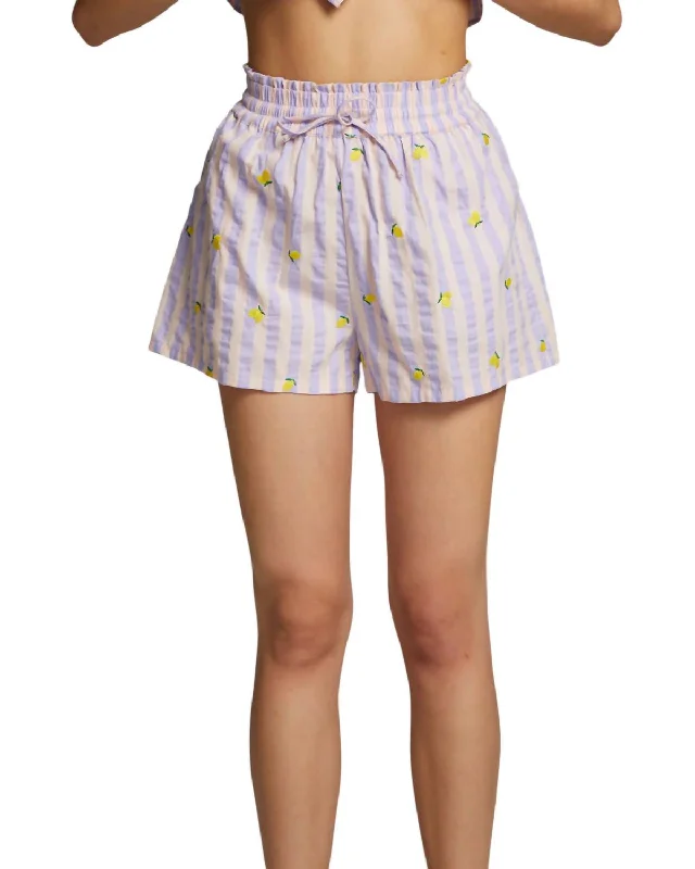 Allover Lemons Shorts In Lavender Stripe Women's Work Outfit