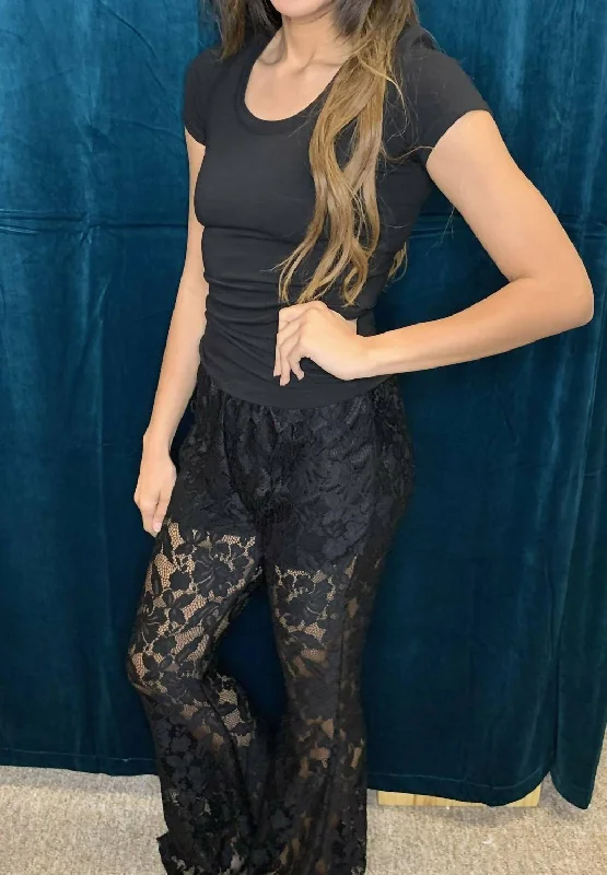 Lace Bell Bottom Pants In Black Relaxed Fit Women's Fashion