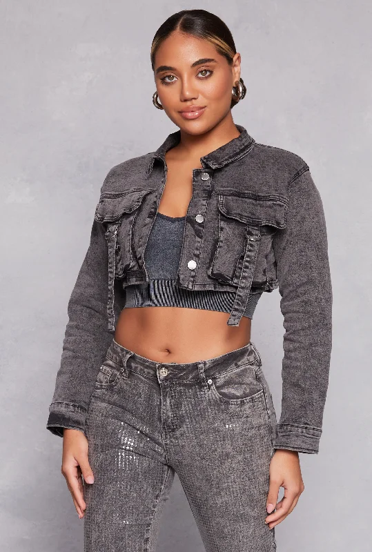 Daisy Acid Wash Cropped Jean Jacket Stylish Women's Outerwear Apparel