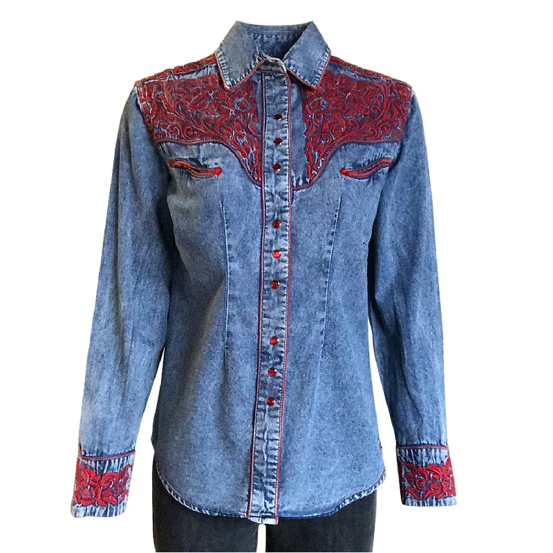 Rockmount Womens Denim/Red 100% Cotton Vintage Tooling Embroidery L/S Shirt Women's Comfortable Lounge Attire