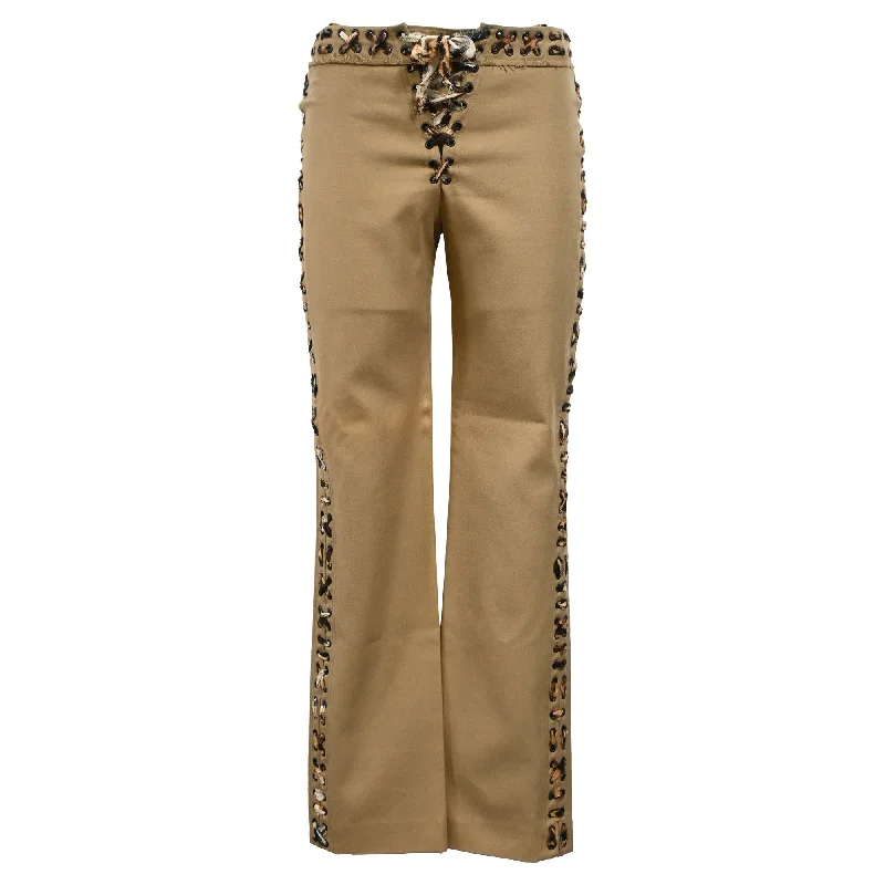 Saint Laurent Animal Print Lace Up Straight Leg Pants in Camel Cotton Charming Women's Outfit For Special Occasions