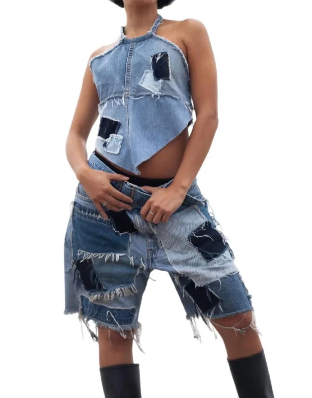 Patch Denim Shorts In Blue Women's Clothing For Outdoor Events