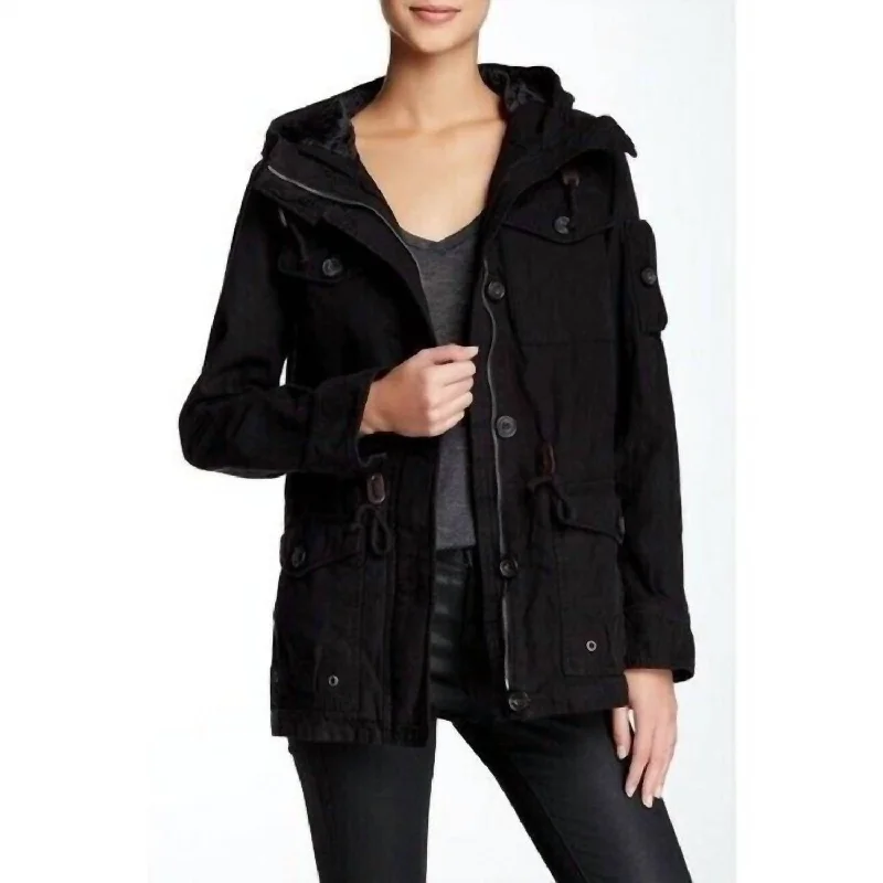 Cotton Hooded Drawstring Insulated Military Jacket In Black Exclusive Women's Fashion Collection