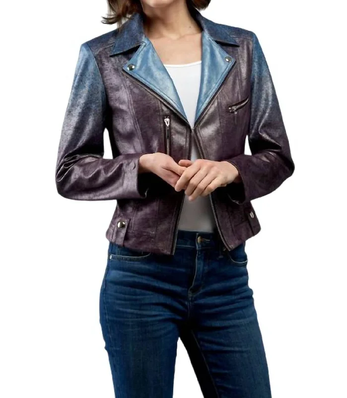 Metallic Faux Vegan Leather Moto Jacket In Liquid Blue Wine Drizzle Women's Elegant Formal Outfit