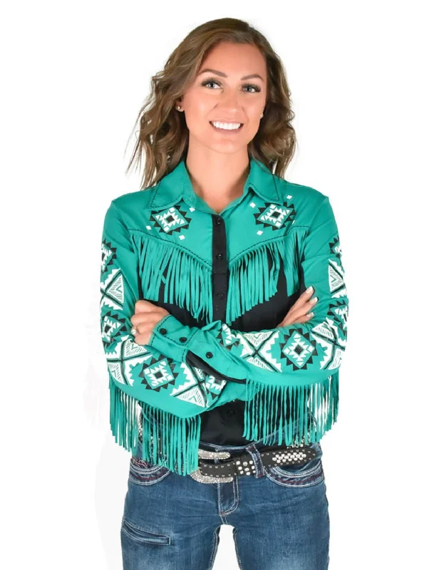 Cowgirl Tuff Womens Fringe Pullover Turquoise/Black Nylon L/S Shirt Formal Attire For Women