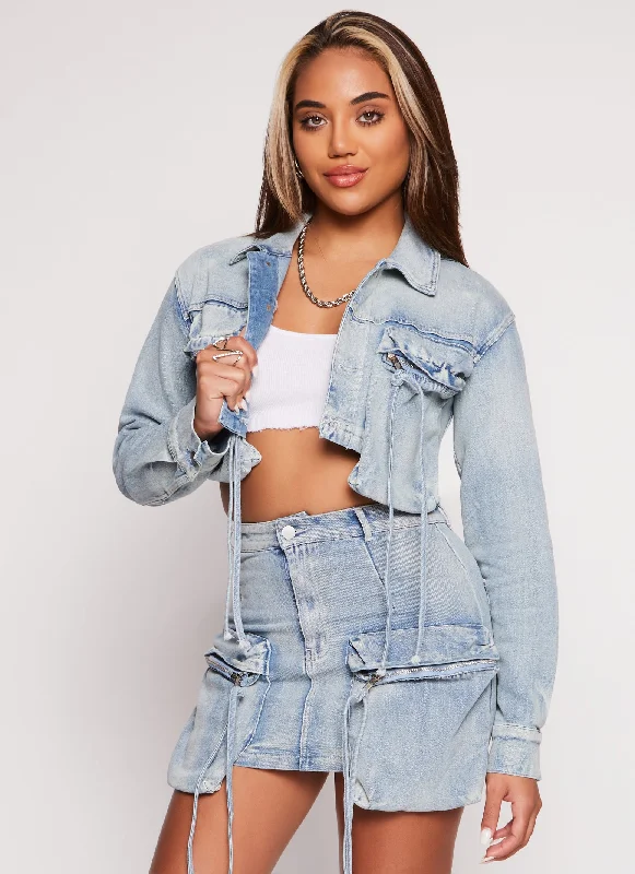 Fringe Cargo Pocket Denim Jacket Women's Athleisure Apparel