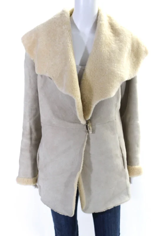 Blue Duck Womens Long Sleeve Fur  Lined Jacket Sheepskin Beige Women's Trendy Apparel