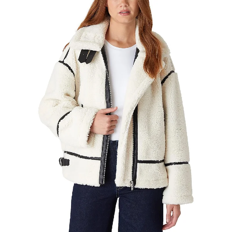 Womens Mixed Media Faux Shearling Faux Fur Coat Women's Plus-Size Garments