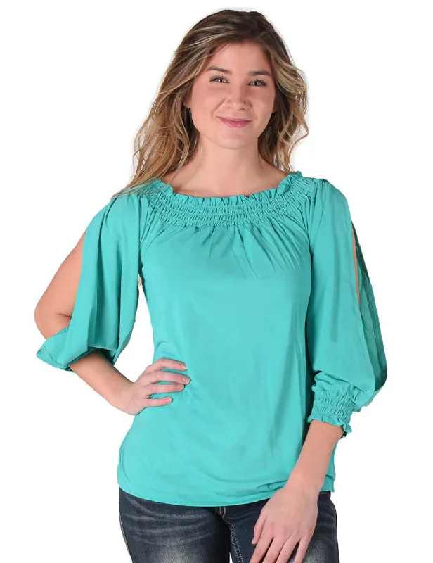 Cowgirl Tuff Womens Flowy Cooling UPF Turquoise Nylon L/S Shirt Women's Floral Print Outfit