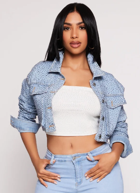 Daisy Rhinestone Cropped Jean Jacket Women's Clothes And Apparel Sets