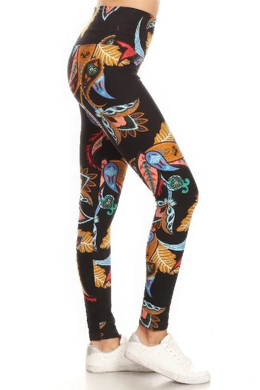 FASHNZFAB 5-inch Long Yoga Style Banded Lined Paisley Floral Printed Knit Legging With High Waist Casual Chic Clothing For Women