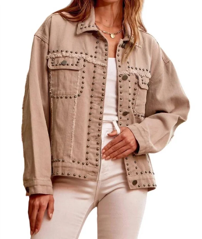 Sweet Like Candy Studded Denim Jacket In Mocha Workwear Fashion for Women