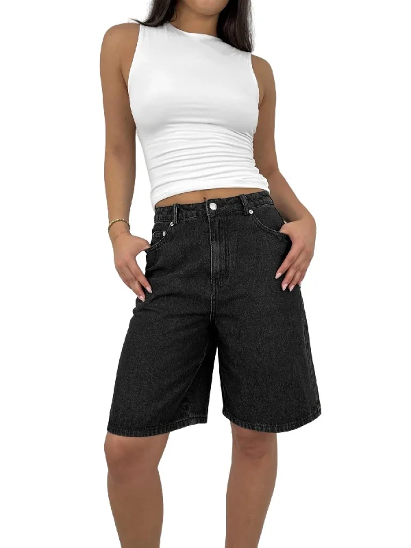 Relaxed Long Length Denim Shorts In Black Plus-Size Women's Clothing