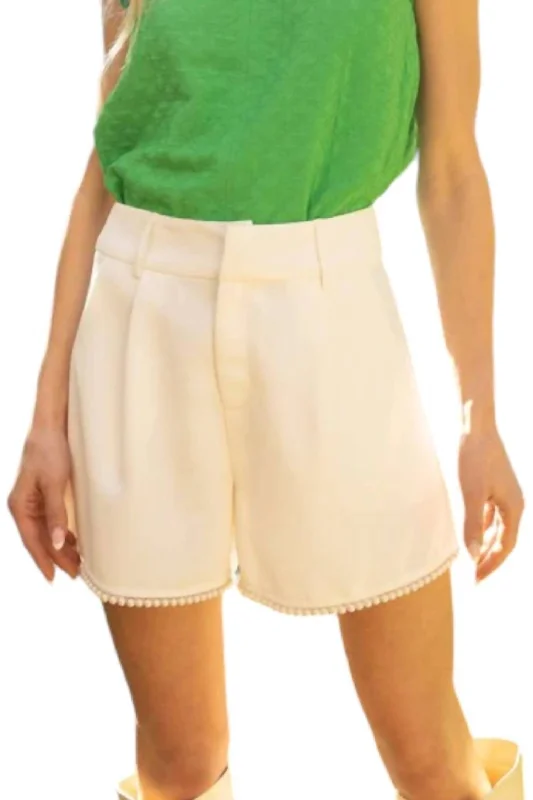 Mimi Pearl Trim Pleated Shorts In Ivory Women's Trendy Casual Clothes