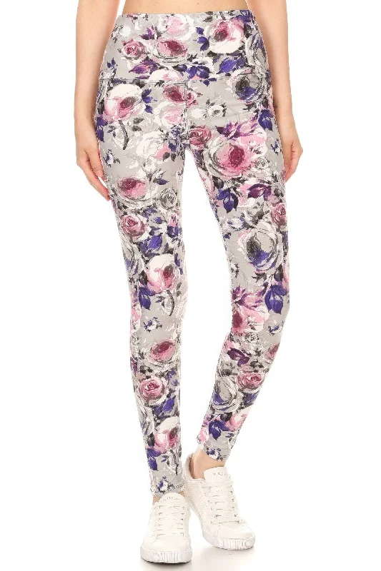 FASHNZFAB 5-inch Long Yoga Style Banded Lined Floral Printed Knit Legging With High Waist Comfortable Lounge Clothing