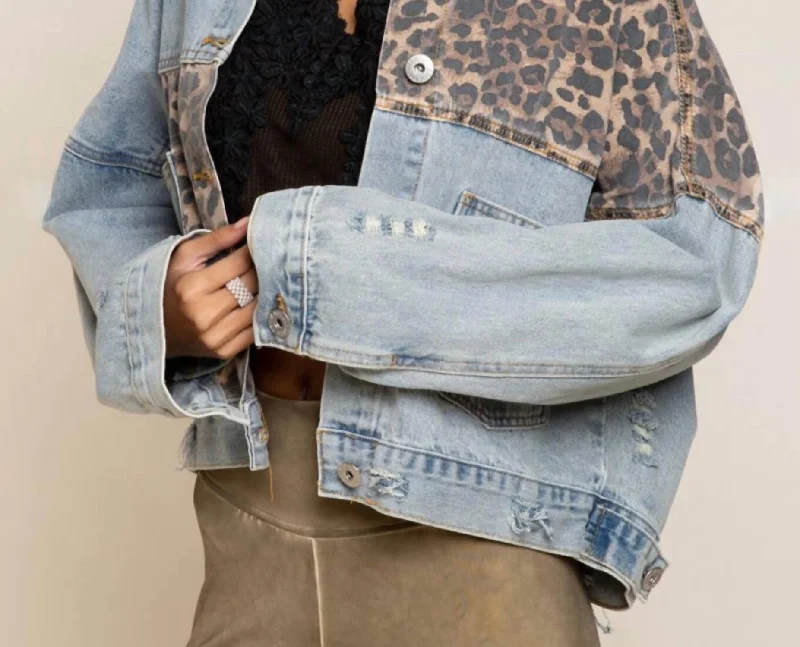 Off Duty Leopard Denim Jacket In Light Wash Women's Elegant Evening Outfit