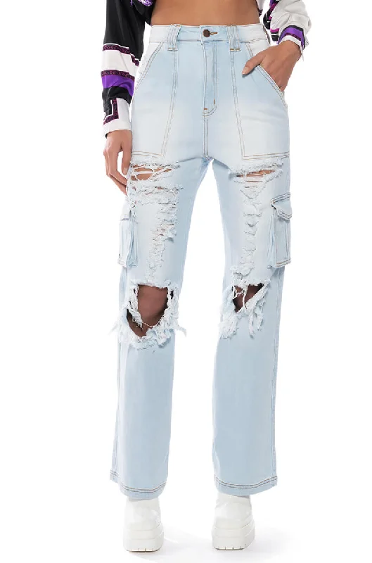 BE REAL DISTRESSED CARGO HIGH RISE JEANS Chic Women's Attire