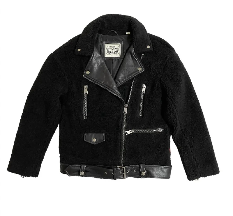 Women's Sherpa Oversized Belted Motorcycle Jacket In Black Comfortable Loungewear for Women