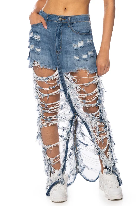 ALWAYS NOTICED SHREDDED DENIM MAXI SKIRT End Of Season Sale Clothing