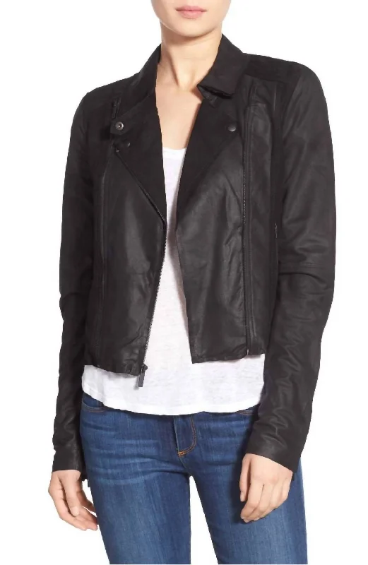 Silvie Cropped Trim Suede Leather Moto Jacket In Black Fashionable Casual Tops