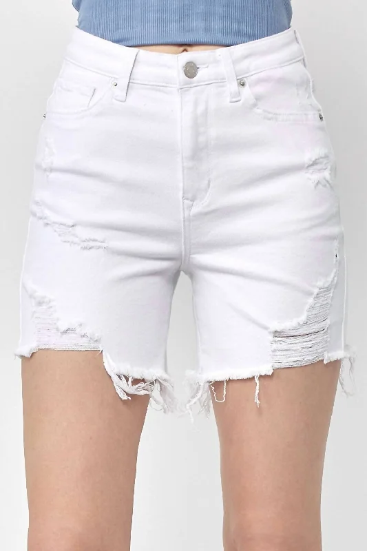 High Rise Distressed Mid Thigh Shorts In White Women's Holiday Clothing