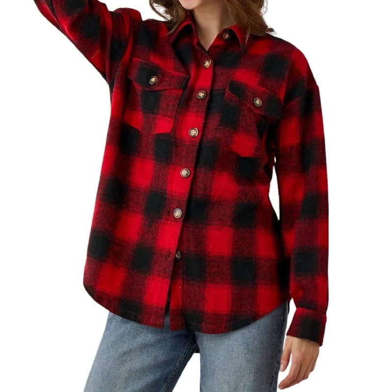 Andie Plaid Fringe Button Shacket In Red Clothing Sales