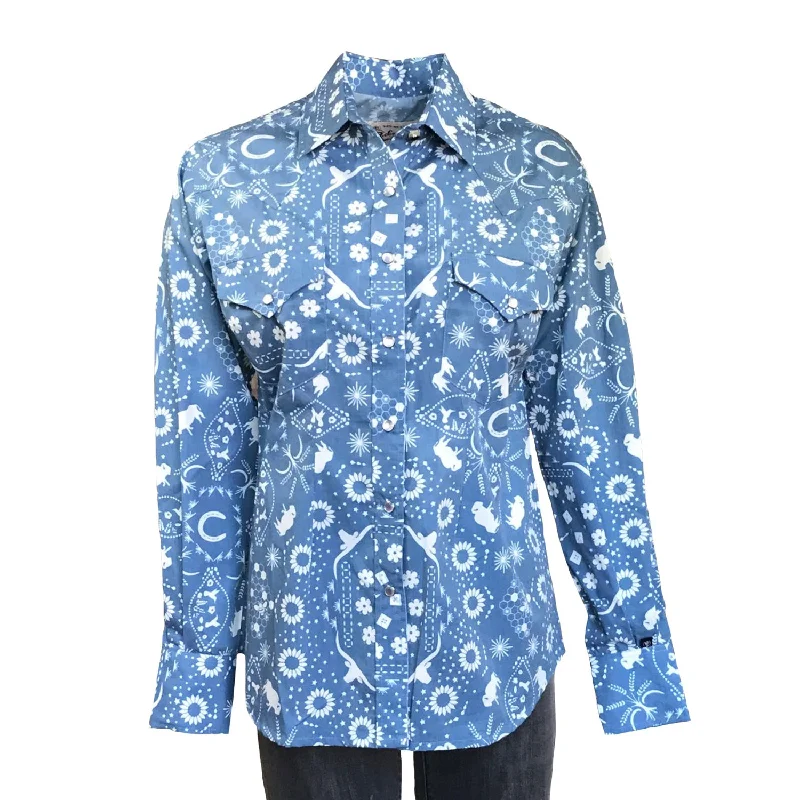 Rockmount Womens Blue Cotton Blend Bison Bandana Print L/S Shirt Women's Activewear Attire